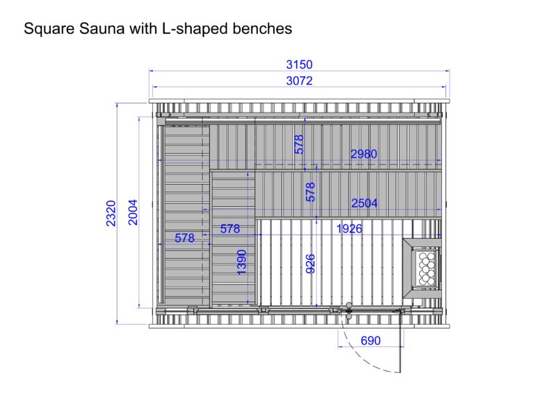 Plan Square Sauna with L-shaped benches